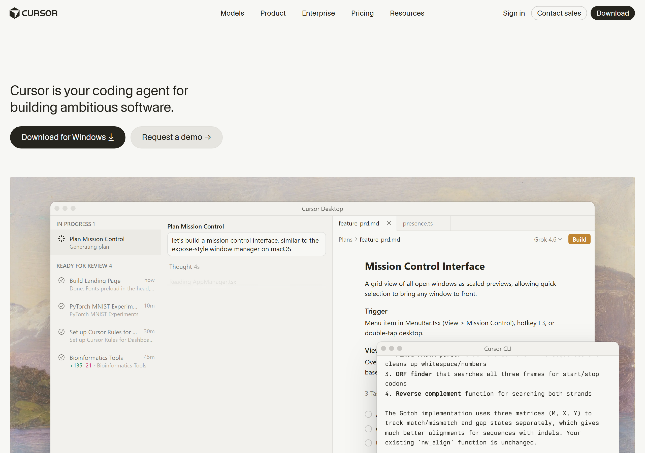 The Cursor website home page with a Download button