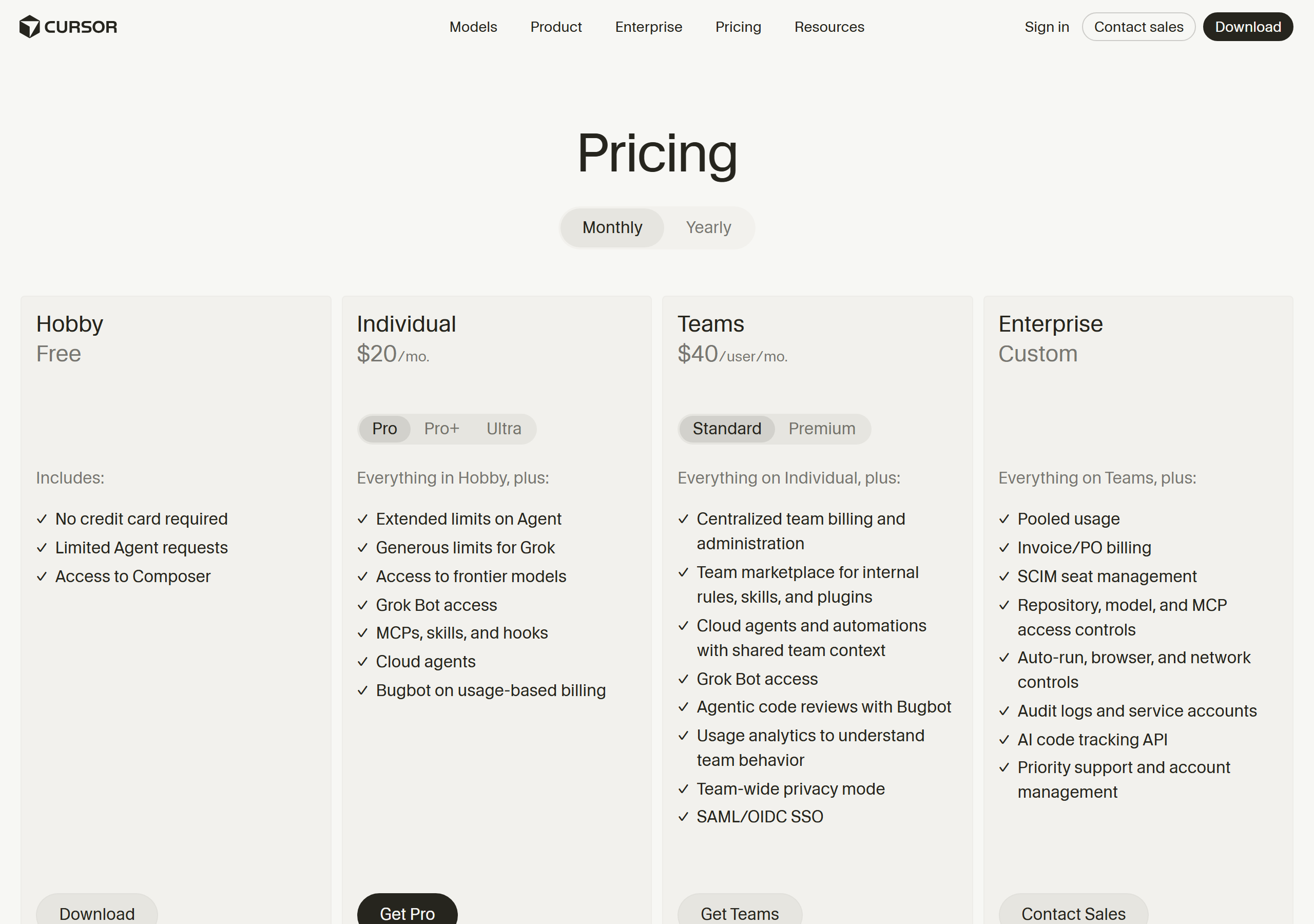 Cursor pricing page showing the Pro plan