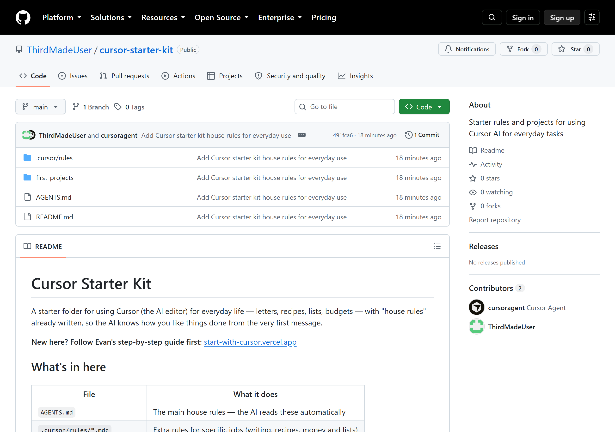 The cursor-starter-kit repository on GitHub